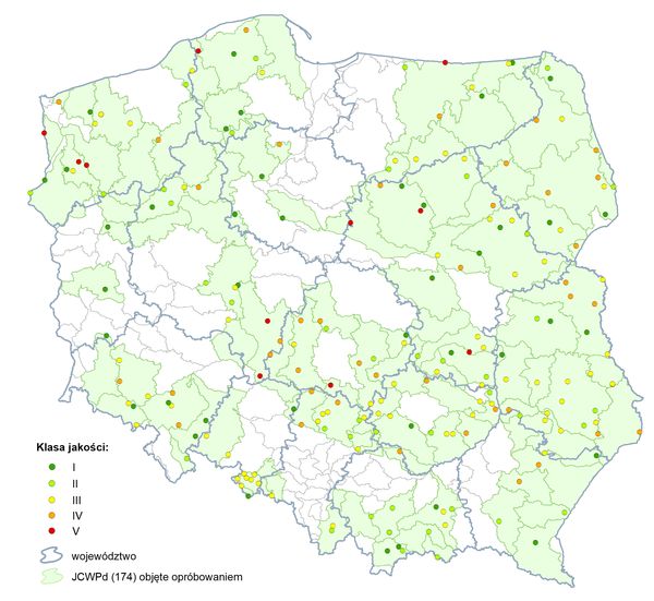 Mapa: Klasy jakości wód podziemnych w punktach uzupełniających badań stężeń azotanów wg danych z 2025 roku – numeracja punktów wg ID Monitoring